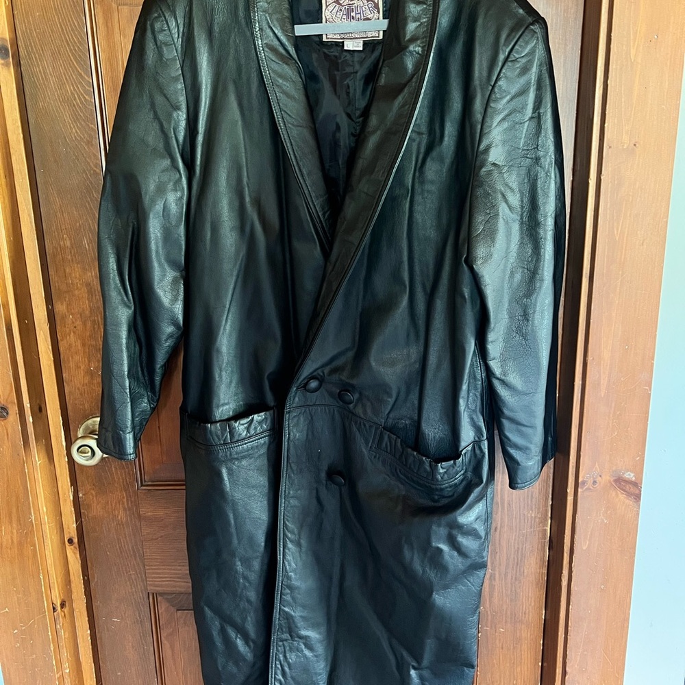 Vintage, black leather full length coat